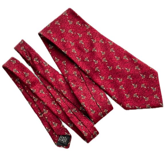 Bill Blass vintage 100% silk fleur de lis luxe print designer tie red gold 4" w - Picture 3 of 5
